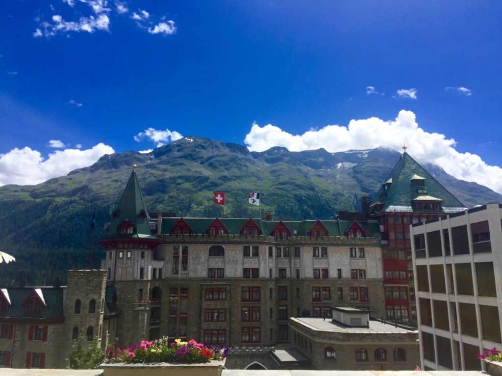 The Badrutt’s Palace Hotel, on the background the Swiss Alps