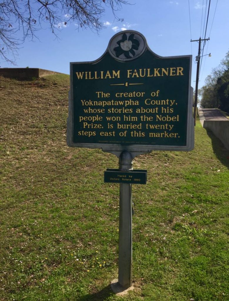 The notice indicating Faulkner’s grave
