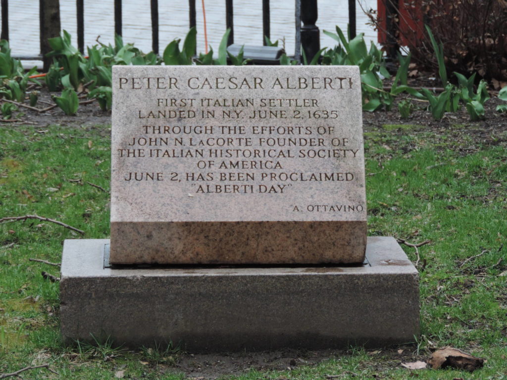 Bowling Green Park, the tombstone commemorating the landing of Pietro Cesare Alberti