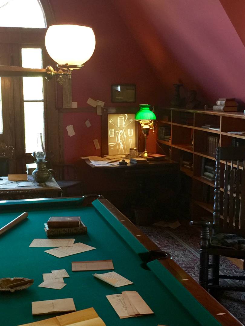 The billiard room and at the back, Mark Twain's desk